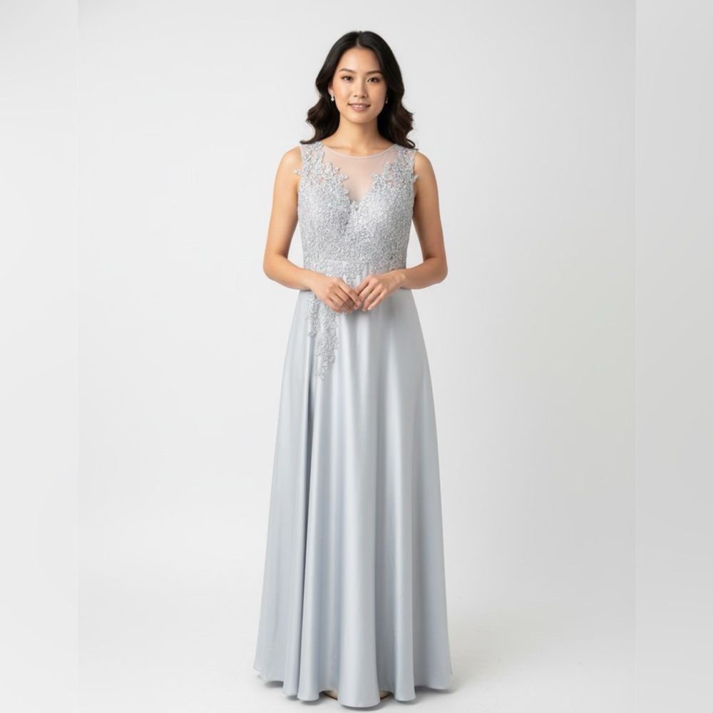 NWT Stacees Women's Dress Silver Satin Lace Embolished Prom Ball Gown Size M